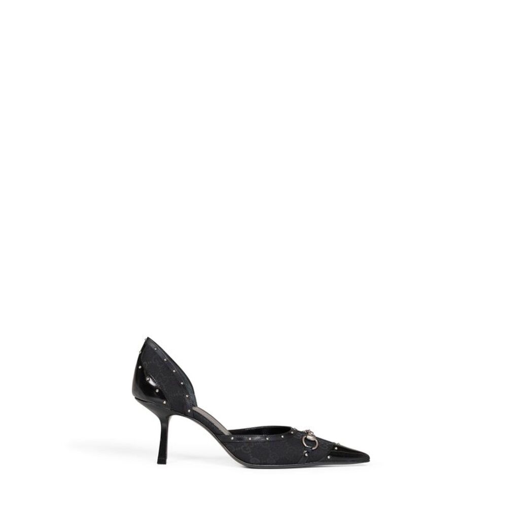 Gucci Women Black Savoy Horsebit Canvas Gg Pumps